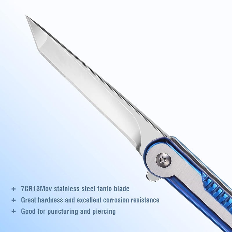 FUNBRO EDC Pocket Knife for Womens, Tanto Folding Knives with 7CR13Mov Stainless Steel Blade, Cool Survival Knife with Clip, Window Breaker, Flipper Open and Liner Lock for Outdoor Camping (Blue) - Image 2